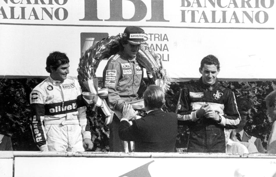 podio 1985: da sinistra Piquet, Prost e Senna